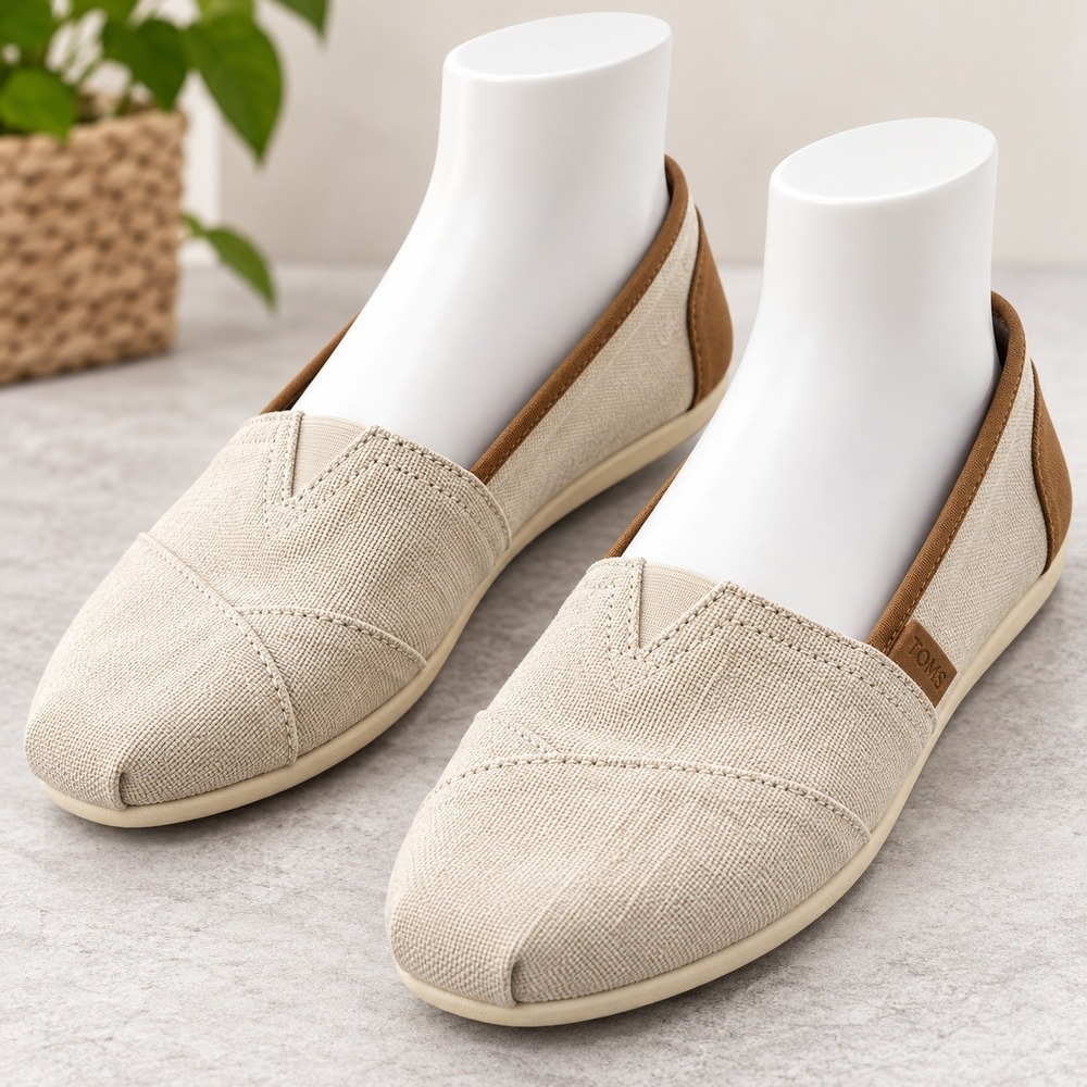TOMS Alpargata Slip On Shoes Mens Size 12 Beige Canvas Brown Trim Loafers